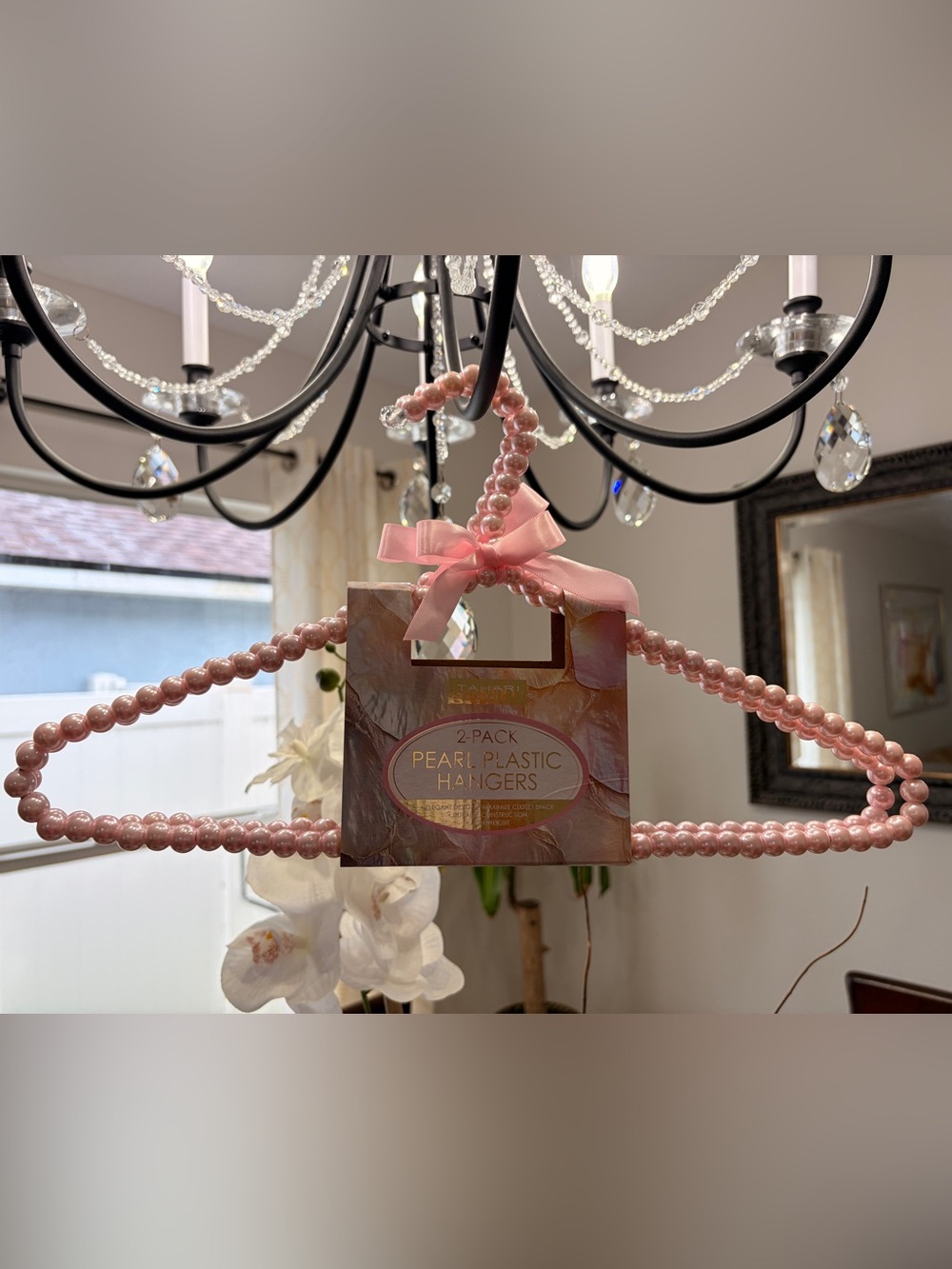 Pink Pearl Beaded Plastic Hangers with bow  - 2 Pack
